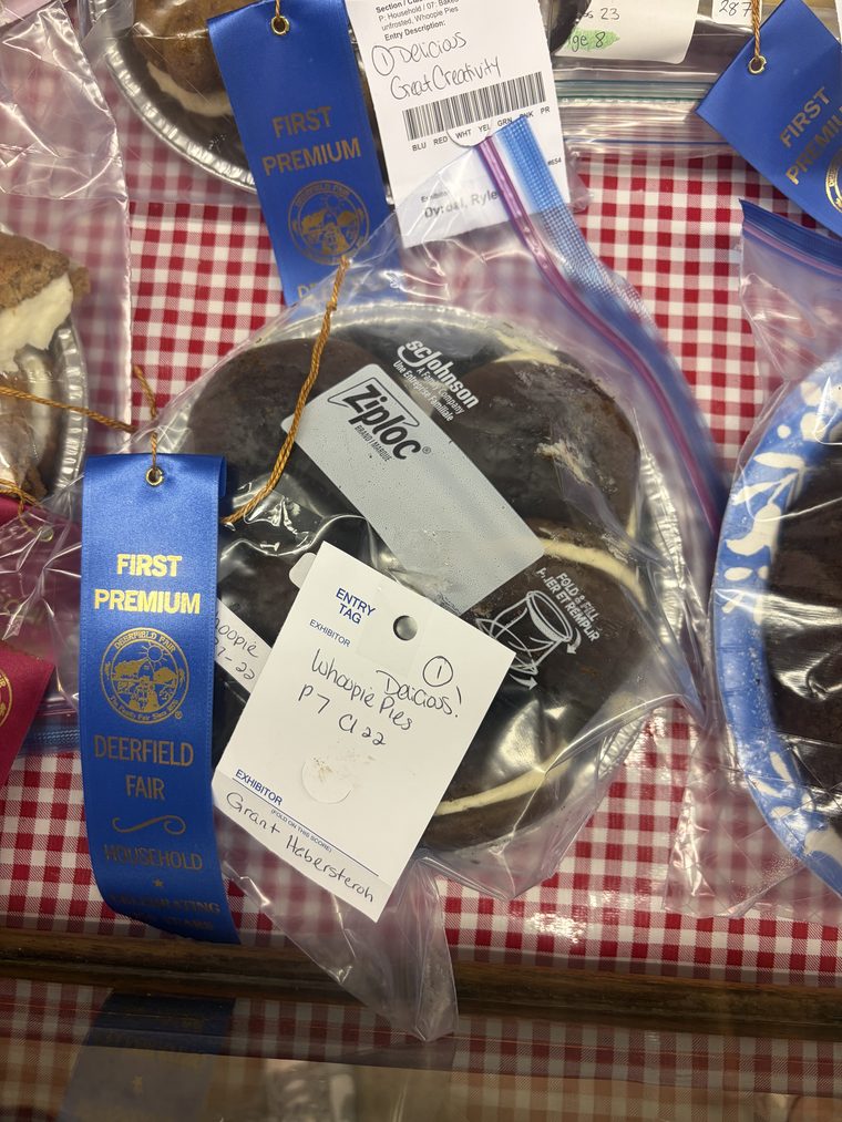 Whoopie pies displayed with a blue First Premium ribbon and an entry tag at Deerfield Fair.